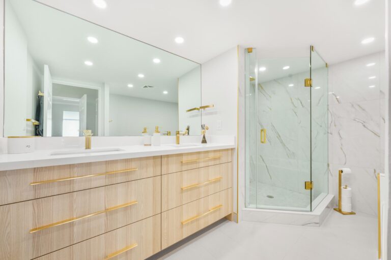 bathroom renovation double vanity gold accent